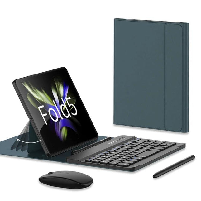 GKK Gear Bluetooth Keyboard and Accessories Set for Samsung Galaxy Z Fold5 showing keyboard, sleeve, stylus holder, mouse and Fold5 in stand