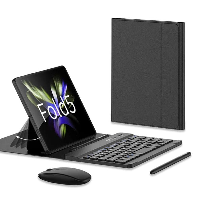 GKK Gear Bluetooth Keyboard and Accessories Set for Samsung Galaxy Z Fold5 showing keyboard, sleeve, stylus holder and mouse with Fold5 in stand