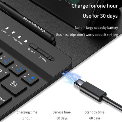 GKK Gear Bluetooth Keyboard and Accessories Set for Samsung Galaxy Z Fold5 showing keyboard charging via USB-C with stylus and sleeve, 1 hour charge, 30 day use