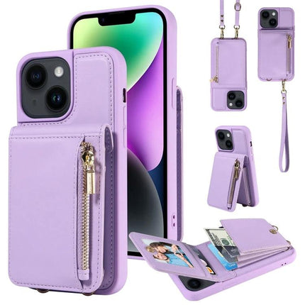 Crossbody Leather Phone Case For iPhone Daily Carry in lavender with card slots, built‑in stand, zipper pocket and detachable strap