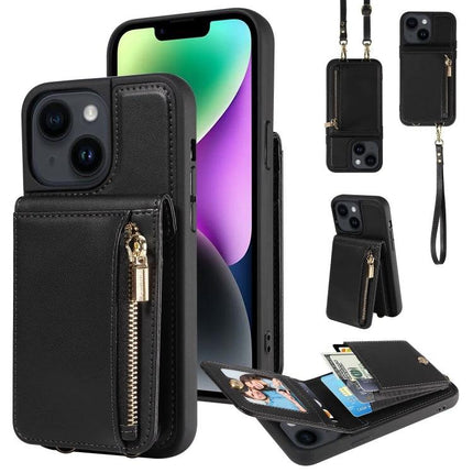 Crossbody Leather Phone Case For iPhone Daily Carry with black leather card slots zipper stand and detachable strap