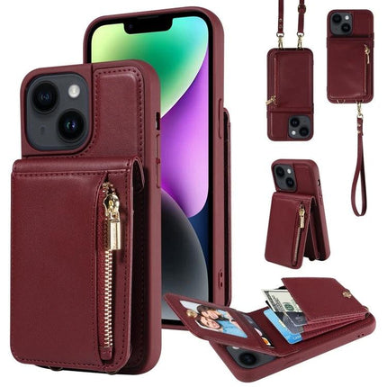 Crossbody Leather Phone Case For iPhone Daily Carry with wallet card slots, built-in stand and zipper pocket in burgundy