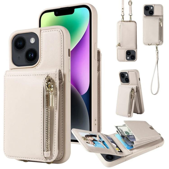 Crossbody Leather Phone Case For iPhone Daily Carry in beige with zippered card pocket, built-in stand and detachable strap