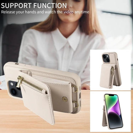 Crossbody Leather Phone Case For iPhone Daily Carry with integrated card slots, stand and zip pocket in beige