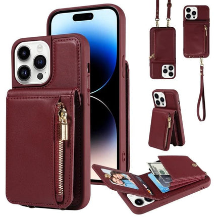 Crossbody Leather Phone Case For iPhone Daily Carry with built-in stand, card slots and zip pocket in burgundy