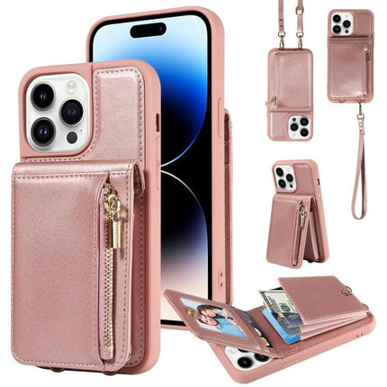 Crossbody Leather Phone Case For iPhone Daily Carry in rose gold with card slots, zip pocket, built-in stand and detachable strap