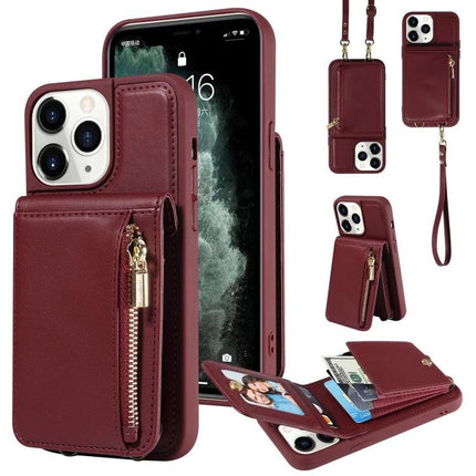 Crossbody Wallet Case For Everyday Hands-Free Phone Accessory To Carry Essentials in burgundy TPU PU with zip pocket, card slots and detachable strap