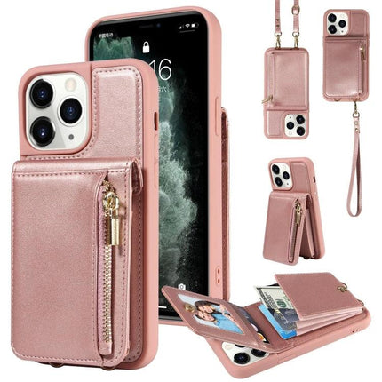 Crossbody Wallet Case For Everyday Hands-Free Phone Accessory To Carry Essentials in rose gold TPU PU with zipper pocket and removable strap