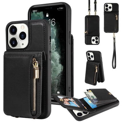 Crossbody Wallet Case For Everyday Hands-Free Phone Accessory To Carry Essentials black TPU PU zip wallet with card slots and wrist strap