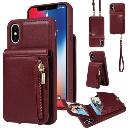 Crossbody Wallet Case For Everyday Hands-Free Phone Accessory To Carry Essentials - burgundy TPU PU leather phone case with zipper pocket, card slots, strap