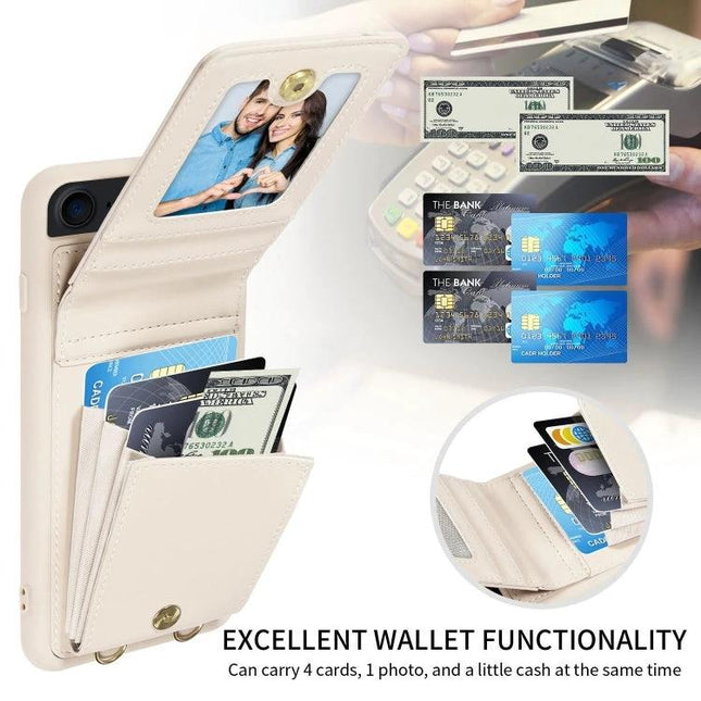 Crossbody Phone Case Wallet for Everyday Use and Travel with Easy Access Card Slots shown in beige with card slots, cash pocket and clear ID window