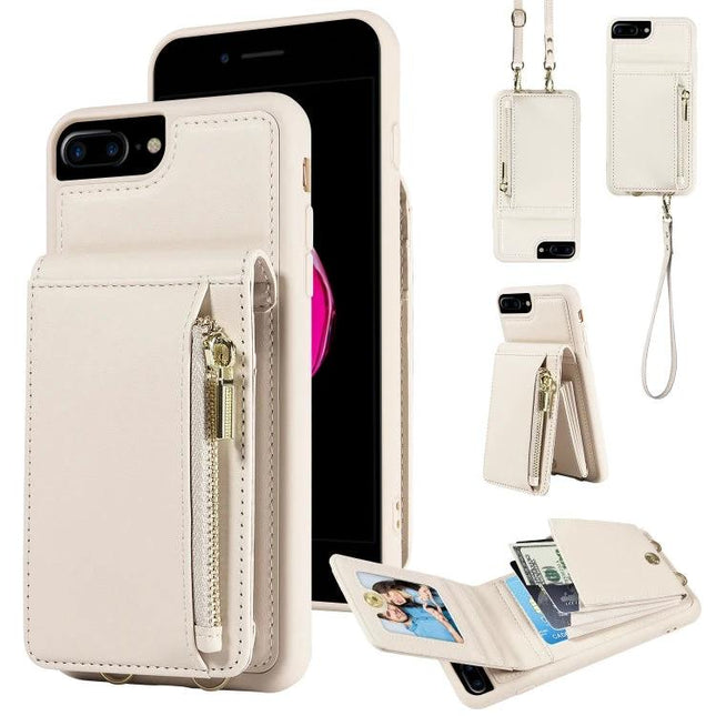 Crossbody Phone Case Hands Free for Everyday Outings - beige leather-look phone case with zip pocket, card slots, wrist strap and crossbody strap