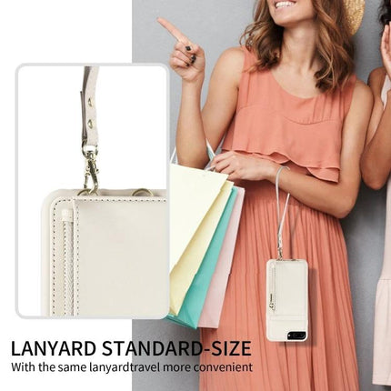 Crossbody Phone Case Hands Free for Everyday Outings showing white leather case with lanyard worn crossbody holding cards and phone