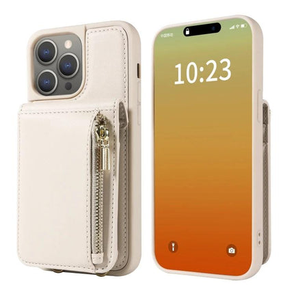 Crossbody Wallet Phone Case for Everyday Carry in beige TPU+PU with card slots, zip pocket, wrist strap and built-in stand