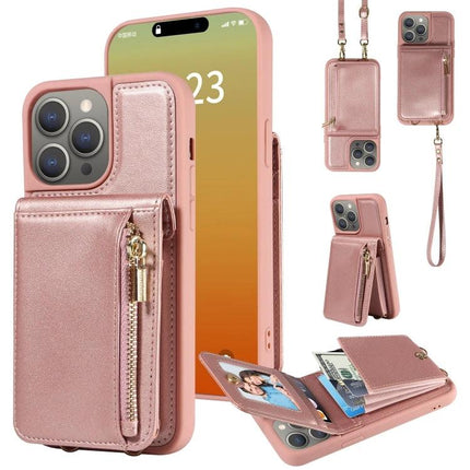 Crossbody Wallet Phone Case for Everyday Carry in rose gold with zipper pocket, card slots, cash compartment, stand, wrist strap and adjustable lanyard