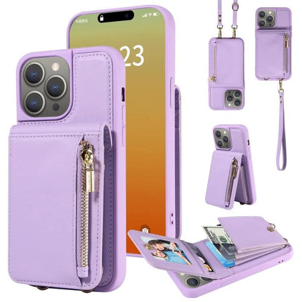 Crossbody Wallet Phone Case for Everyday Carry - lavender TPU+PU phone case with card slots, zipper pocket, stand, wrist strap and adjustable crossbody lanyard