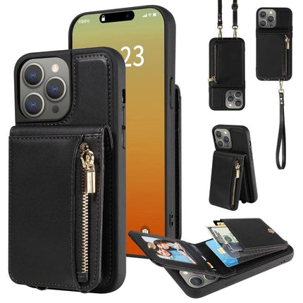 Crossbody Wallet Phone Case for Everyday Carry black PU leather wallet case with zipper pocket, card slots, stand, wrist strap and adjustable lanyard