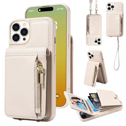 Crossbody Wallet Phone Case for Everyday Carry in beige with zipper pocket, card slots, built-in stand and adjustable crossbody strap