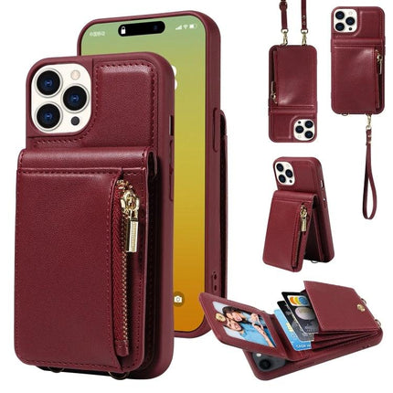 Crossbody Wallet Phone Case for Everyday Carry - burgundy TPU+PU phone case with zip pocket, card slots, stand, wrist strap and adjustable crossbody lanyard