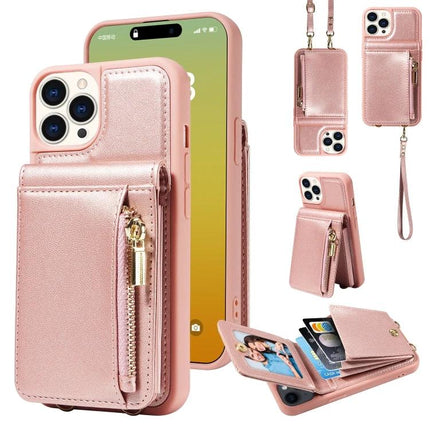 Crossbody Wallet Phone Case for Everyday Carry in rose gold with zip pocket, card slots, stand and adjustable crossbody strap
