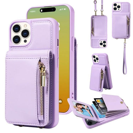 Crossbody Wallet Phone Case for Everyday Carry in lavender TPU+PU with card slots, zipper pocket, built-in stand and adjustable crossbody lanyard