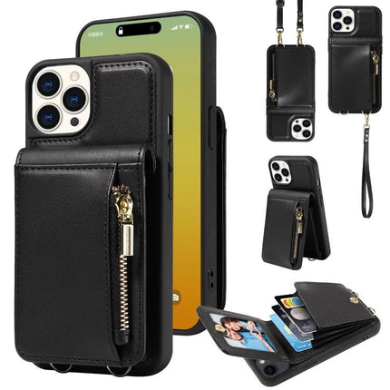 Crossbody Wallet Phone Case for Everyday Carry in black TPU+PU with zipper card pocket, adjustable crossbody lanyard and built-in stand