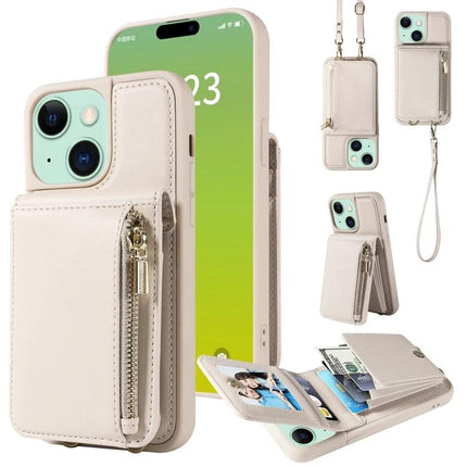 Crossbody Wallet Phone Case for Everyday Carry with wrist strap, card slots, zip pocket and built-in stand in cream