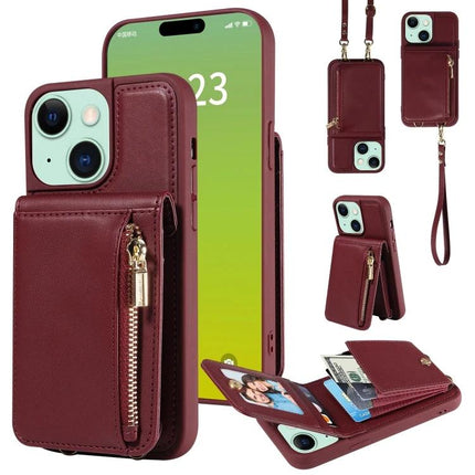 Crossbody Wallet Phone Case for Everyday Carry burgundy TPU+PU phone case with card slots, zip pocket, wrist strap and adjustable crossbody lanyard