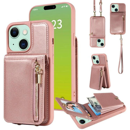 Crossbody Wallet Phone Case for Everyday Carry in rose gold with card slots, cash pocket, wrist strap and adjustable crossbody lanyard