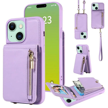 Crossbody Wallet Phone Case for Everyday Carry - lavender TPU PU phone case with card slots, zip pocket, stand, wrist strap and adjustable crossbody lanyard