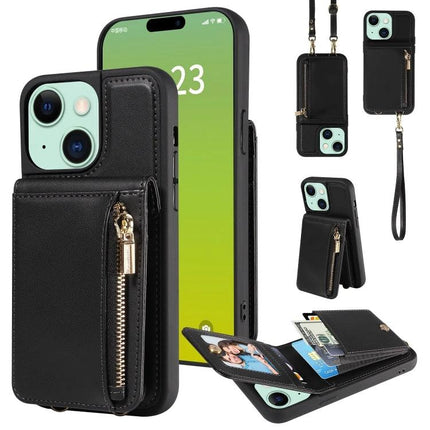 Crossbody Wallet Phone Case for Everyday Carry black TPU+PU with zip pocket, card slots, wrist strap, adjustable lanyard and kickstand