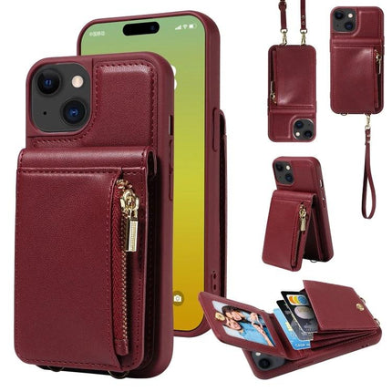 Crossbody Wallet Phone Case for Everyday Carry in burgundy with zipper pocket, card slots, cash compartment, stand, wrist strap and adjustable lanyard