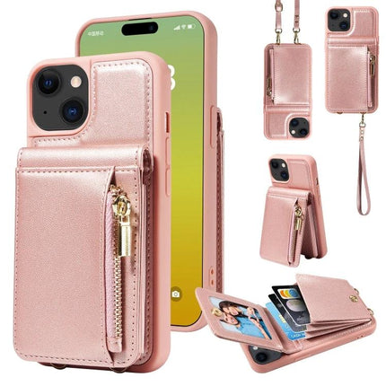 Crossbody Wallet Phone Case for Everyday Carry in rose gold with card slots, zip pocket, wrist strap and adjustable crossbody lanyard