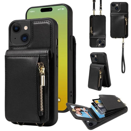 Crossbody Wallet Phone Case for Everyday Carry black TPU+PU phone case with zip pocket, card slots, stand, wrist strap and adjustable lanyard