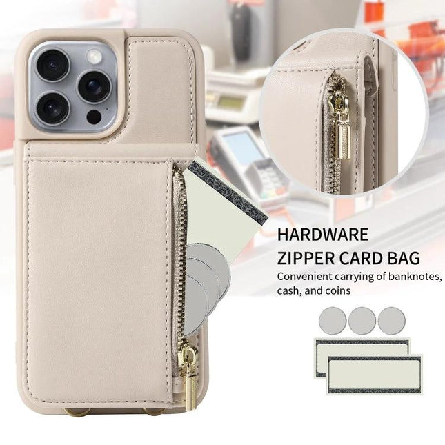 Daily Companion Phone Case With Wallet For Everyday Outings beige phone case with zipper card bag, multiple card slots and integrated stand