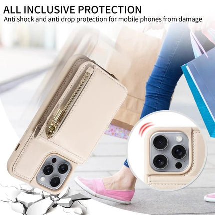 Daily Companion Phone Case With Wallet For Everyday Outings showing beige wallet case with card slots, zipper pocket, integrated stand and drop protection