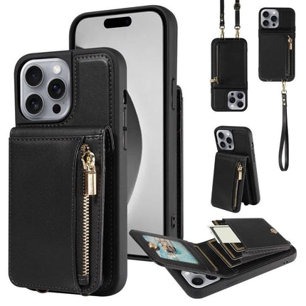 Daily Companion Phone Case With Wallet For Everyday Outings - black leather wallet case with zipper, card slots, cash pocket, stand and wrist strap