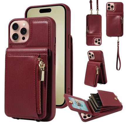 Daily Companion Phone Case With Wallet For Everyday Outings in burgundy with zip pocket, card slots, cash compartment and integrated stand