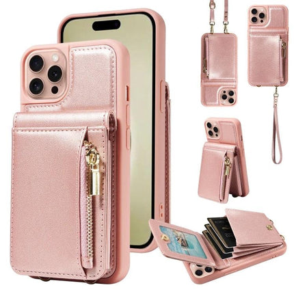 Daily Companion Phone Case With Wallet For Everyday Outings - rose gold protective wallet case with card slots, zip pocket, stand and wrist strap
