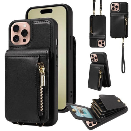 Daily Companion Phone Case With Wallet For Everyday Outings black leather wallet case with zipper, card slots, wrist strap, and kickstand