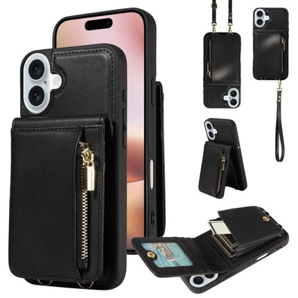 Daily Companion Phone Case With Wallet For Everyday Outings - black leather wallet case with zipper pocket, card slots, stand and wrist strap