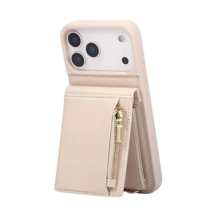 Crossbody Phone Wallet Case Compact For Everyday Use in beige faux leather with zip pocket and adjustable strap, hands-free phone storage