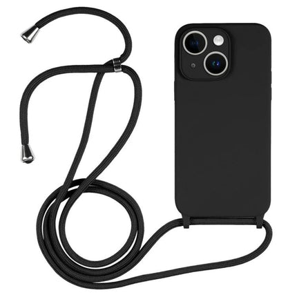 Silicone Crossbody Case for Daily Hands-Free Phone Carrying shown in black with adjustable cord, slim silicone shell and raised edges for screen protection