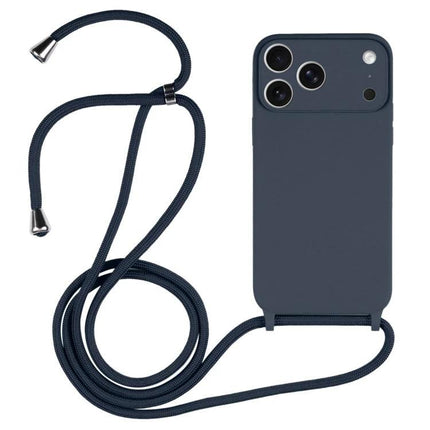 Crossbody Phone Case for Daily Activities and Travel in navy silicone with adjustable nylon lanyard, hands-free neck and shoulder wear, raised edge protection