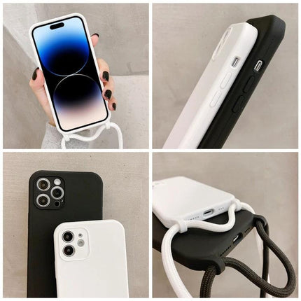 Adjustable Crossbody Phone Case For Hands-Free Daily Use slim silicone shell with adjustable nylon strap shown in black and white