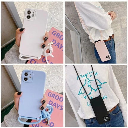 Silicone Crossbody Case for Daily Hands-Free Phone Carrying in pastel pink, blue and black showing slim silicone shell, raised edges and wearable strap