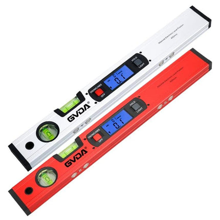 GVDA 360-Degree Digital Level for Accurate Measurements - aluminum digital level with 0.1° resolution, dual vials, backlit LCD, waterproof red and silver models