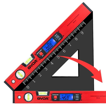 GVDA 360-Degree Digital Level for Accurate Measurements - red aluminum digital angle level with 0.1° resolution, LCD display, waterproof and dustproof, built-in vials