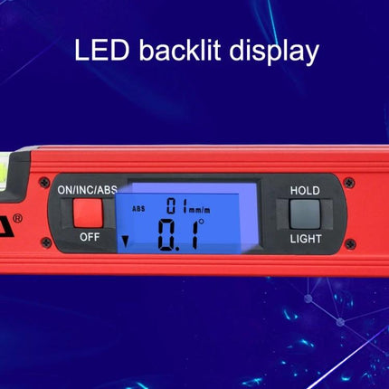 GVDA 360-Degree Digital Level for Accurate Measurements - red aluminum digital level with LED backlit display showing 0.1° and buttons for ON/OFF, HOLD, LIGHT
