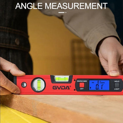 GVDA 360-Degree Digital Level for Accurate Measurements - red aluminum digital level measuring 0.1° on wood with bubble vials and LCD display
